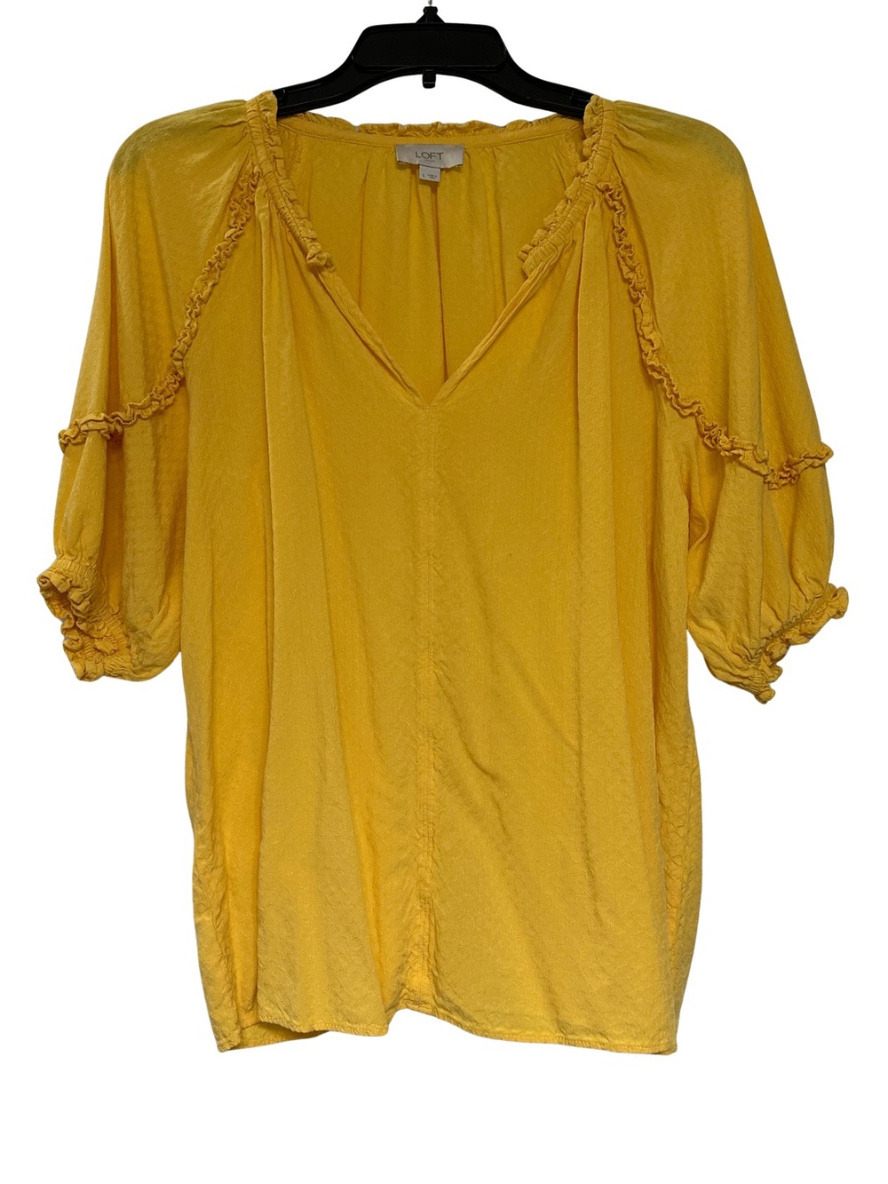 LOFT Outlet Mustard Yellow Ruffle Trim V-Neck Blouse Sz L Puff Sleeve 100% Rayon
